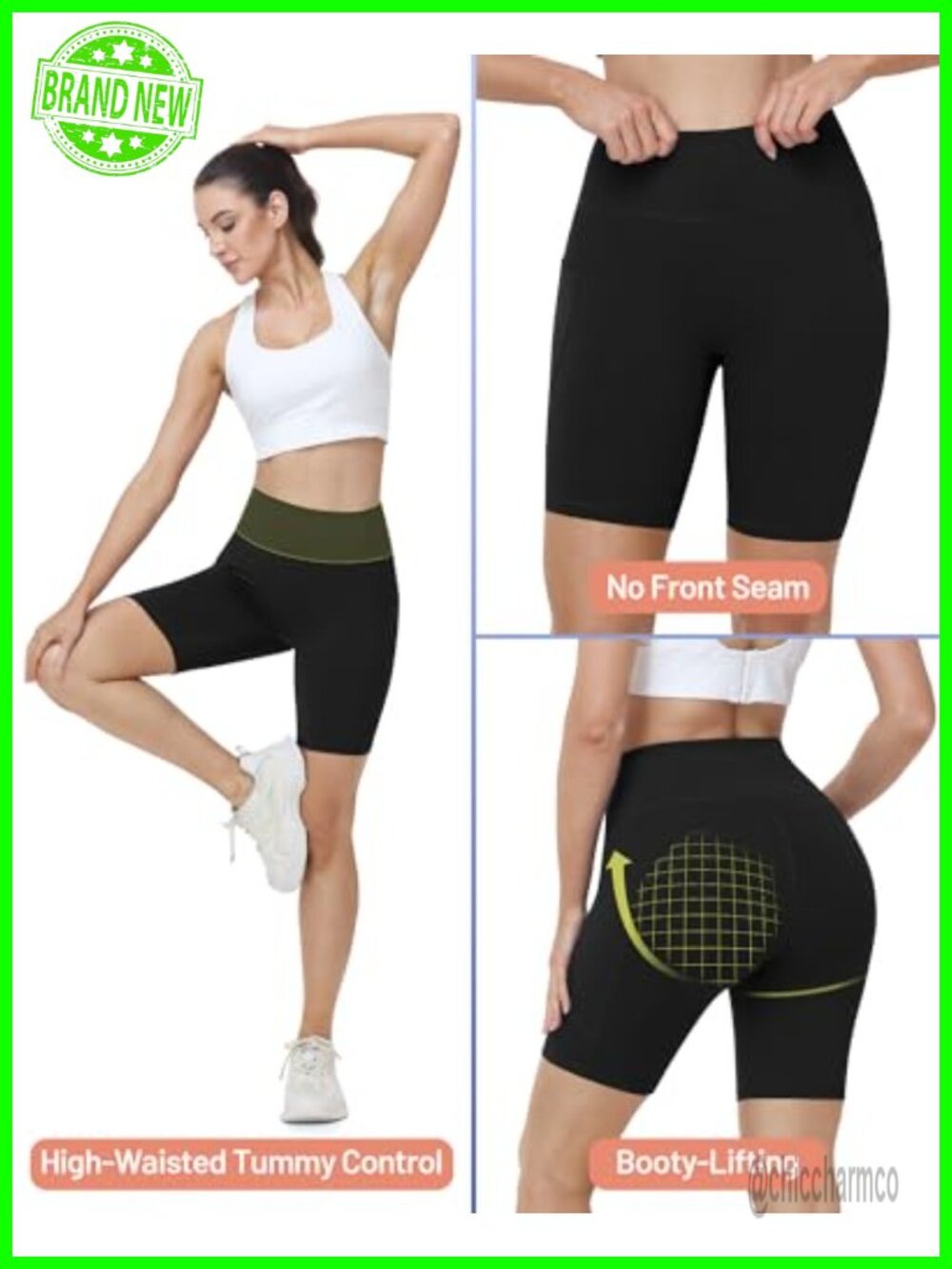 High Waist Tummy Control Bike Shorts No Front Seam 4/6/8 Inseam Pockets - Picture 5 of 7